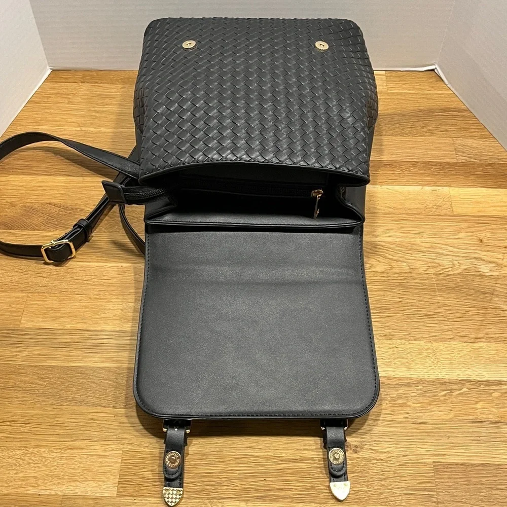 Malibu Skye Black & Braided Black Faux Leather Backpack Purse w/ Gold Tone Trim